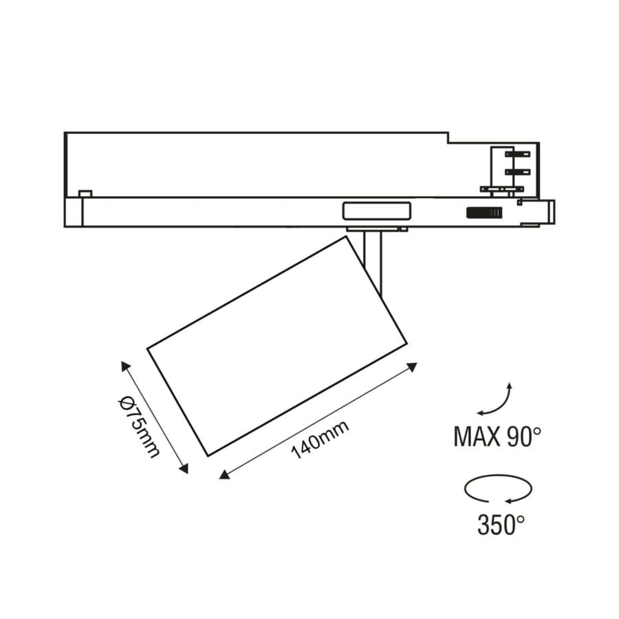 Technical drawing of the Dea Juno M, a track luminaire, illustrating detailed dimensions and design specifications.