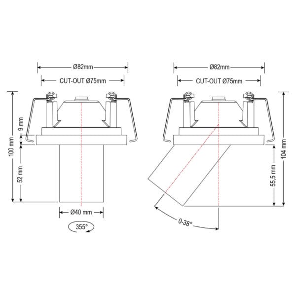 Technical drawing of the Dea Charon XS, an adjustable recessed spot, illustrating detailed dimensions and design specifications.