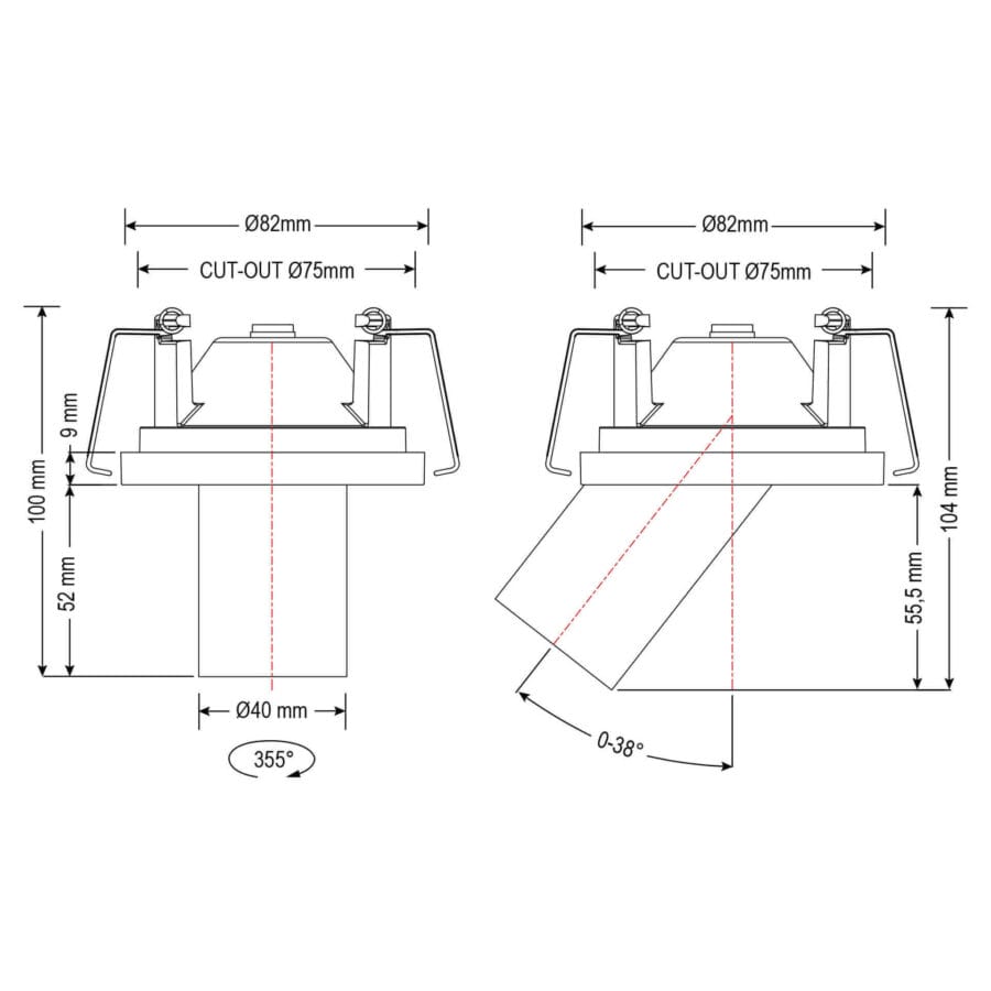 Technical drawing of the Dea Charon XS, an adjustable recessed spot, illustrating detailed dimensions and design specifications.