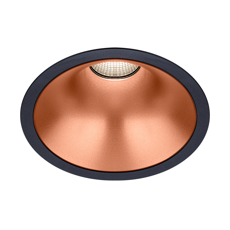 Black version of the Dea Amata L with copper reflector, a fixed recessed luminaire designed by Karizma Luce.