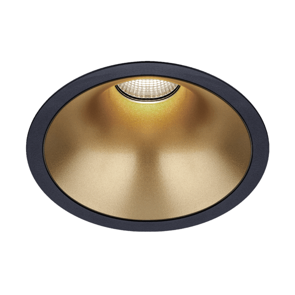 Black version of the Dea Amata L with golden reflector, a fixed recessed luminaire designed by Karizma Luce.