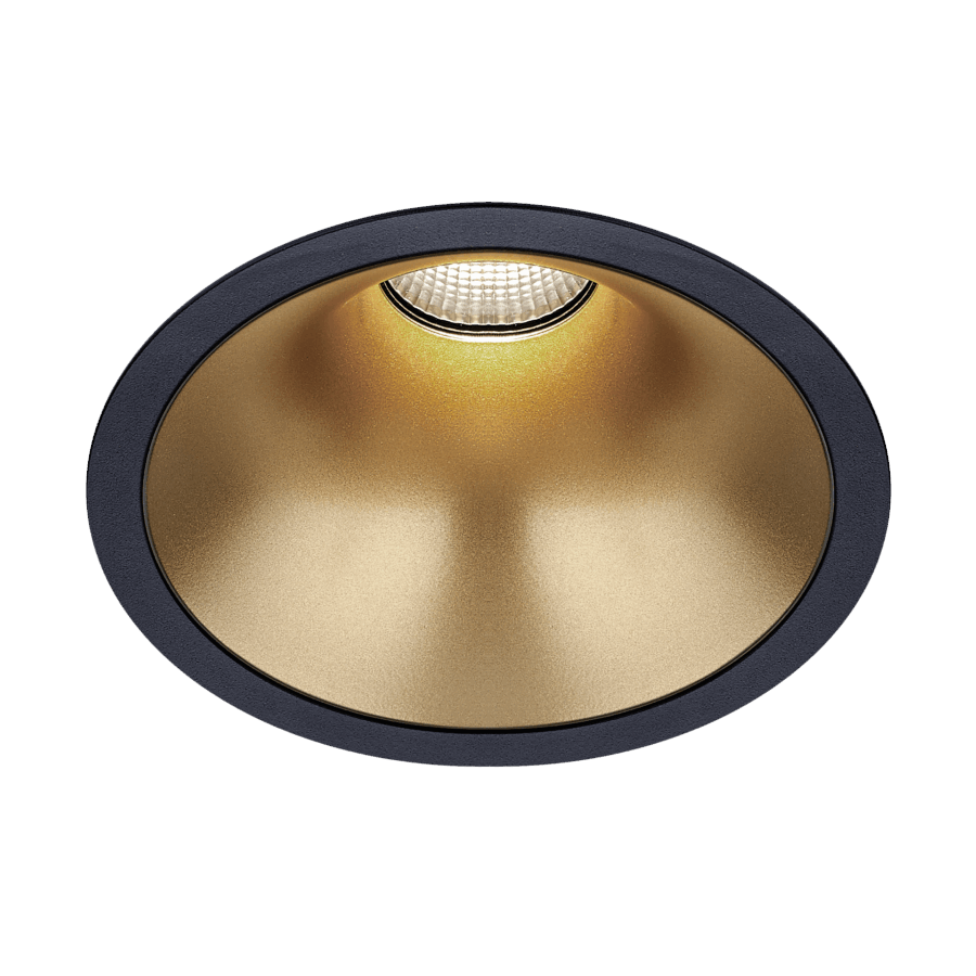 Black version of the Dea Amata L with golden reflector, a fixed recessed luminaire designed by Karizma Luce.