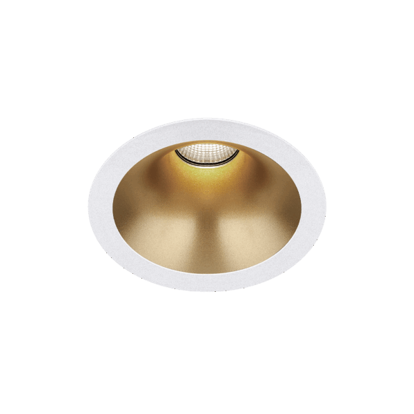 White version of the Dea Amata M with golden reflector, a fixed recessed luminaire designed by Karizma Luce.