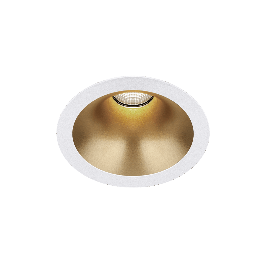 White version of the Dea Amata M with golden reflector, a fixed recessed luminaire designed by Karizma Luce.