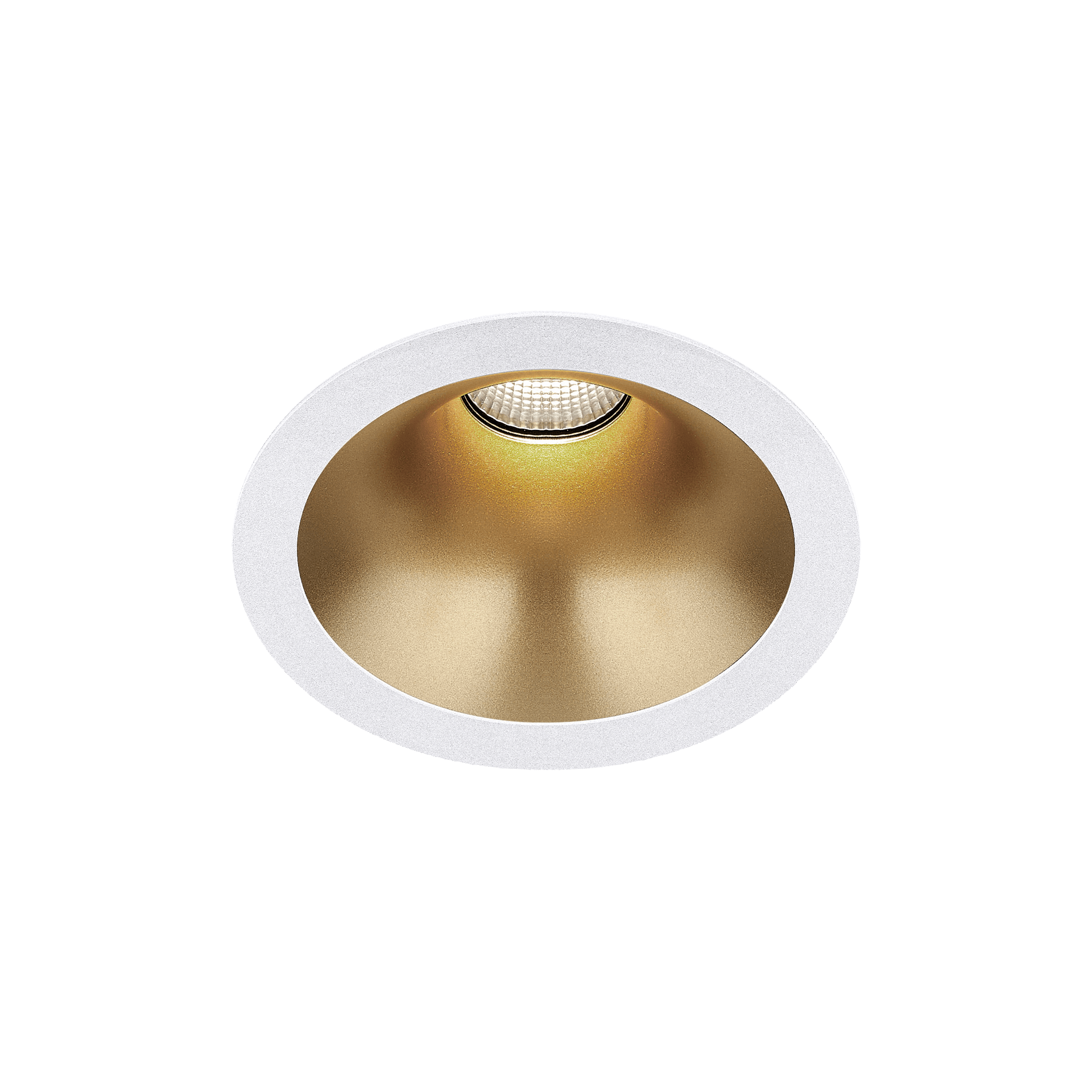 White version of the Dea Amata M with golden reflector, a fixed recessed luminaire designed by Karizma Luce.