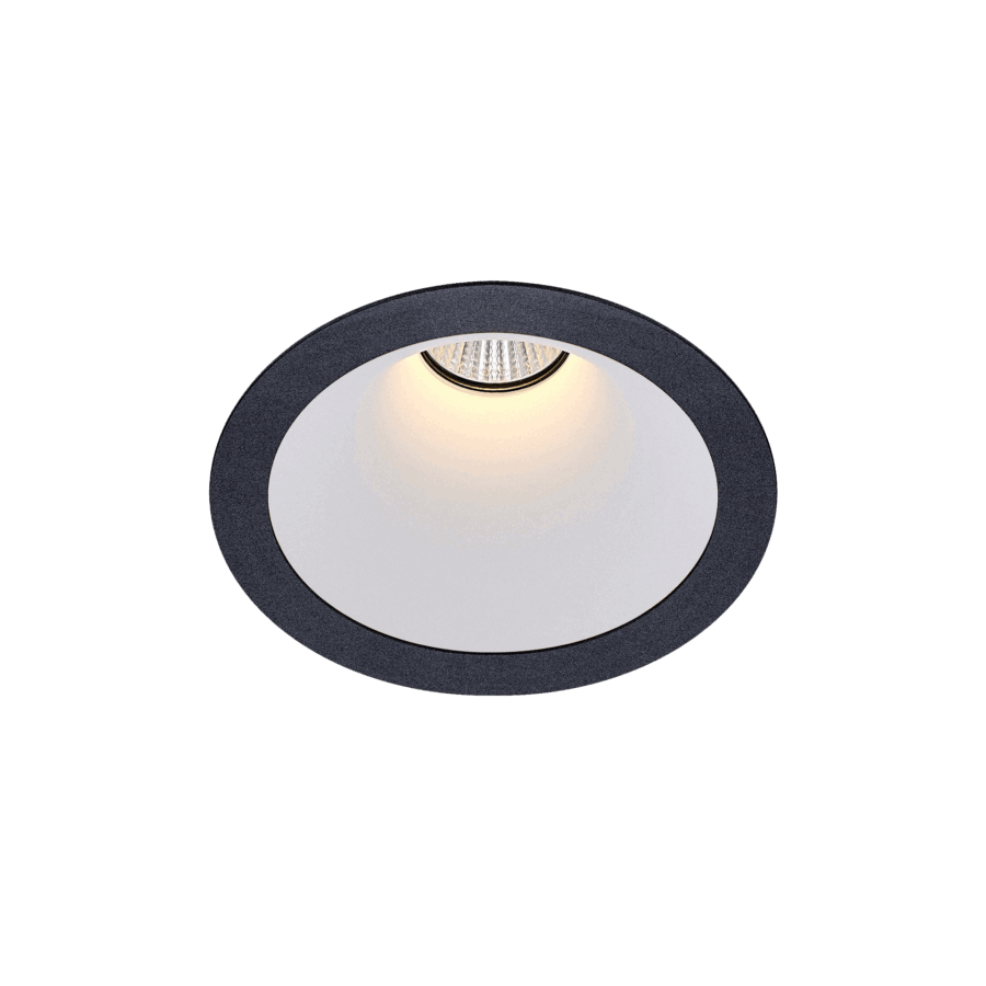 Black version of the Dea Amata M with white reflector, a fixed recessed luminaire designed by Karizma Luce.