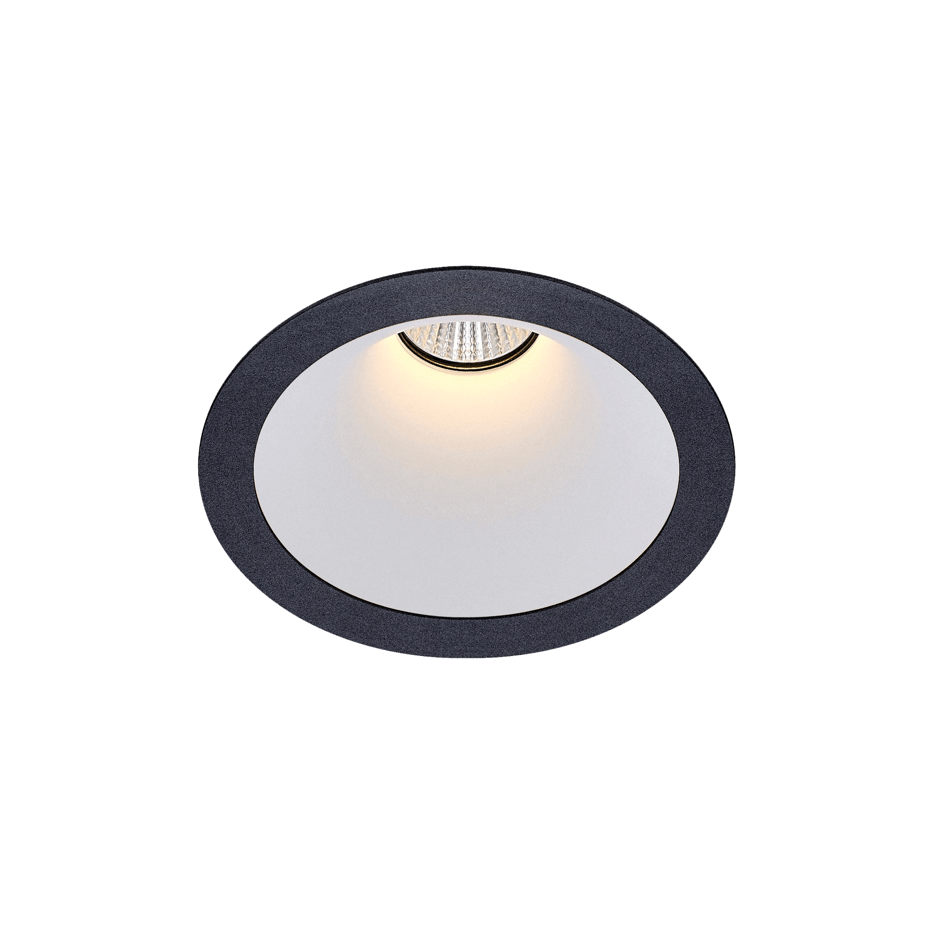 Black version of the Dea Amata M with white reflector, a fixed recessed luminaire designed by Karizma Luce.