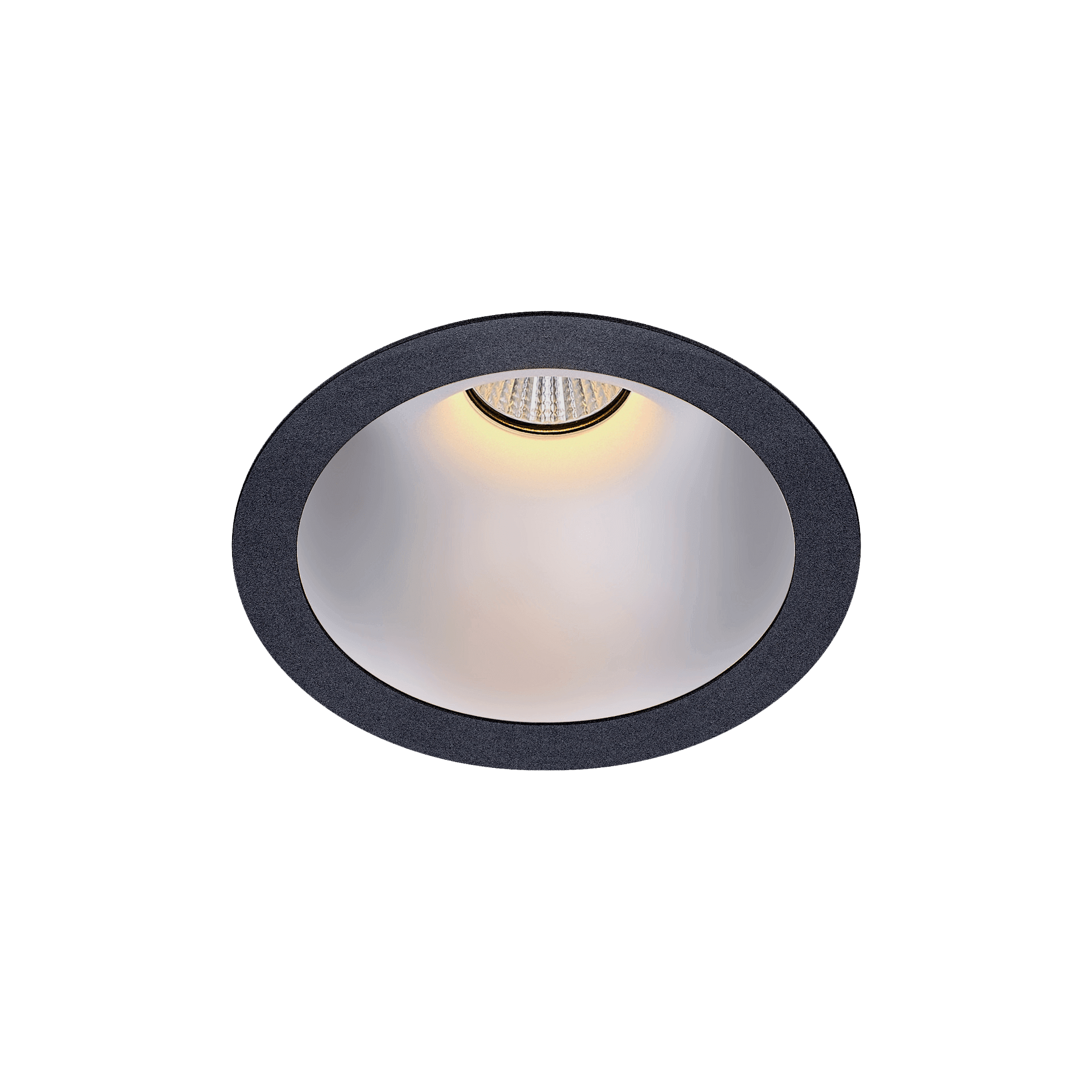 Black version of the Dea Amata M with chrome reflector, a fixed recessed luminaire designed by Karizma Luce.