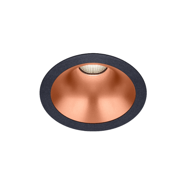 Black version of the Dea Amata M with copper reflector, a fixed recessed luminaire designed by Karizma Luce.