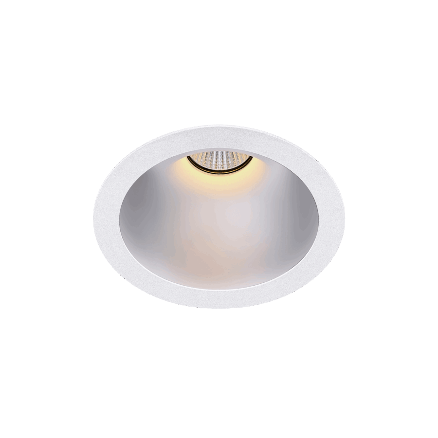 White version of the Dea Amata M with chrome reflector, a fixed recessed luminaire designed by Karizma Luce.