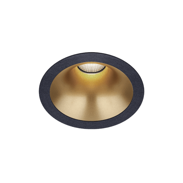 Black version of the Dea Amata M with golden reflector, a fixed recessed luminaire designed by Karizma Luce.