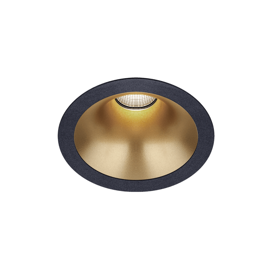 Black version of the Dea Amata M with golden reflector, a fixed recessed luminaire designed by Karizma Luce.
