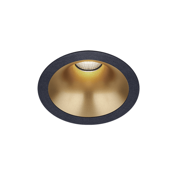 Black version of the Dea Amata M with golden reflector, a fixed recessed luminaire designed by Karizma Luce.