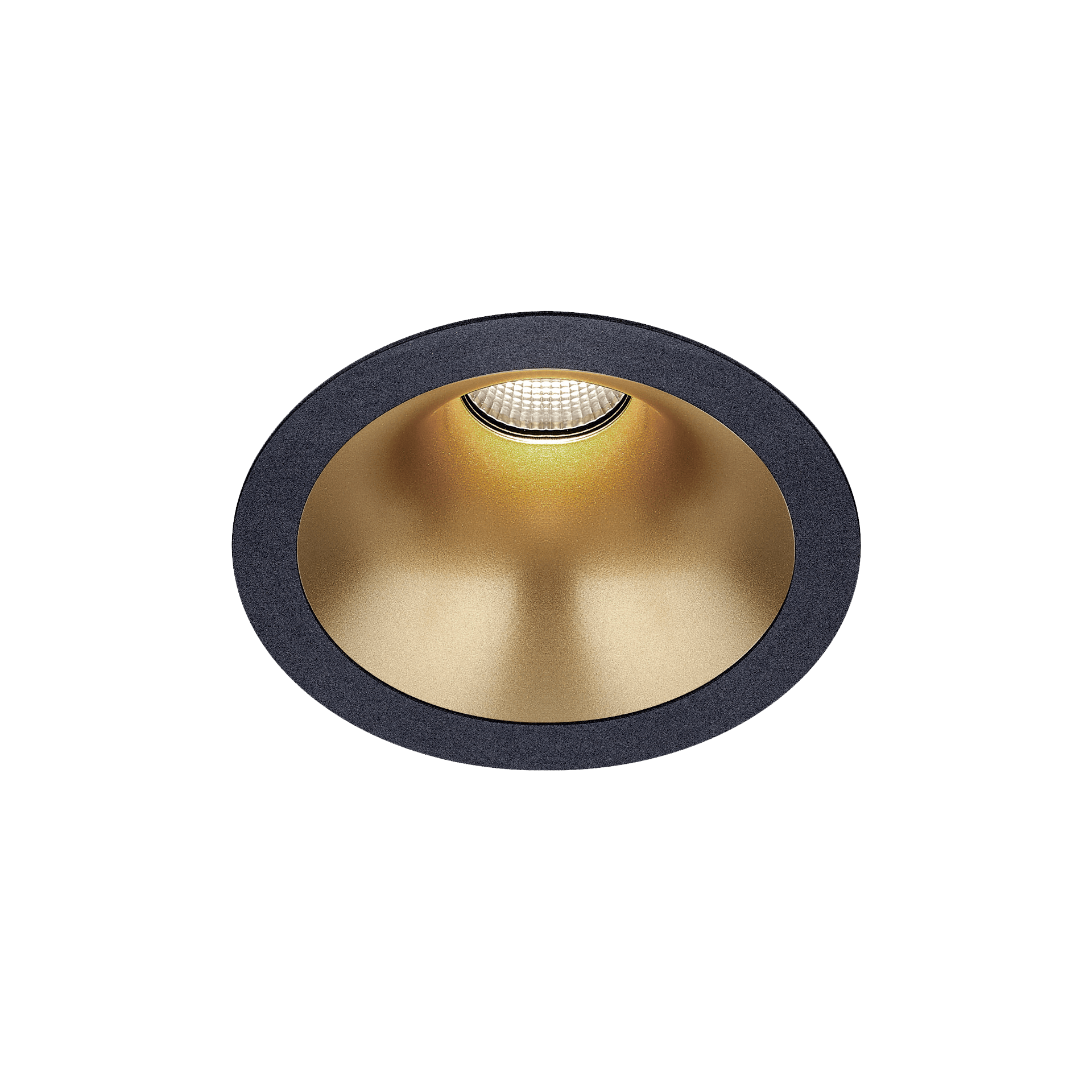 Black version of the Dea Amata M with golden reflector, a fixed recessed luminaire designed by Karizma Luce.
