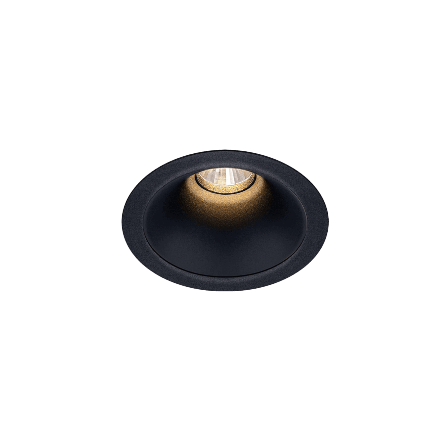 Black version of the Dea Amata S with black matt reflector, a fixed recessed luminaire designed by Karizma Luce.