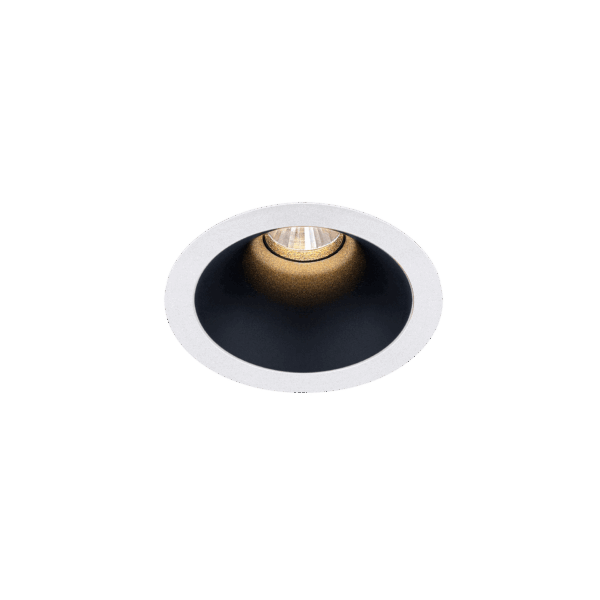 White version of the Dea Amata S with black matt reflector, a fixed recessed luminaire designed by Karizma Luce.