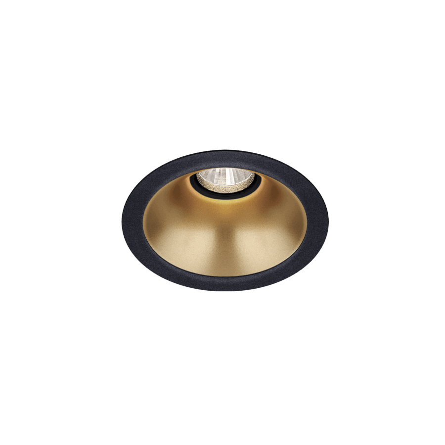 Black version of the Dea Amata S with golden reflector, a fixed recessed luminaire designed by Karizma Luce.