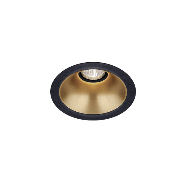 Black version of the Dea Amata S with golden reflector, a fixed recessed luminaire designed by Karizma Luce.