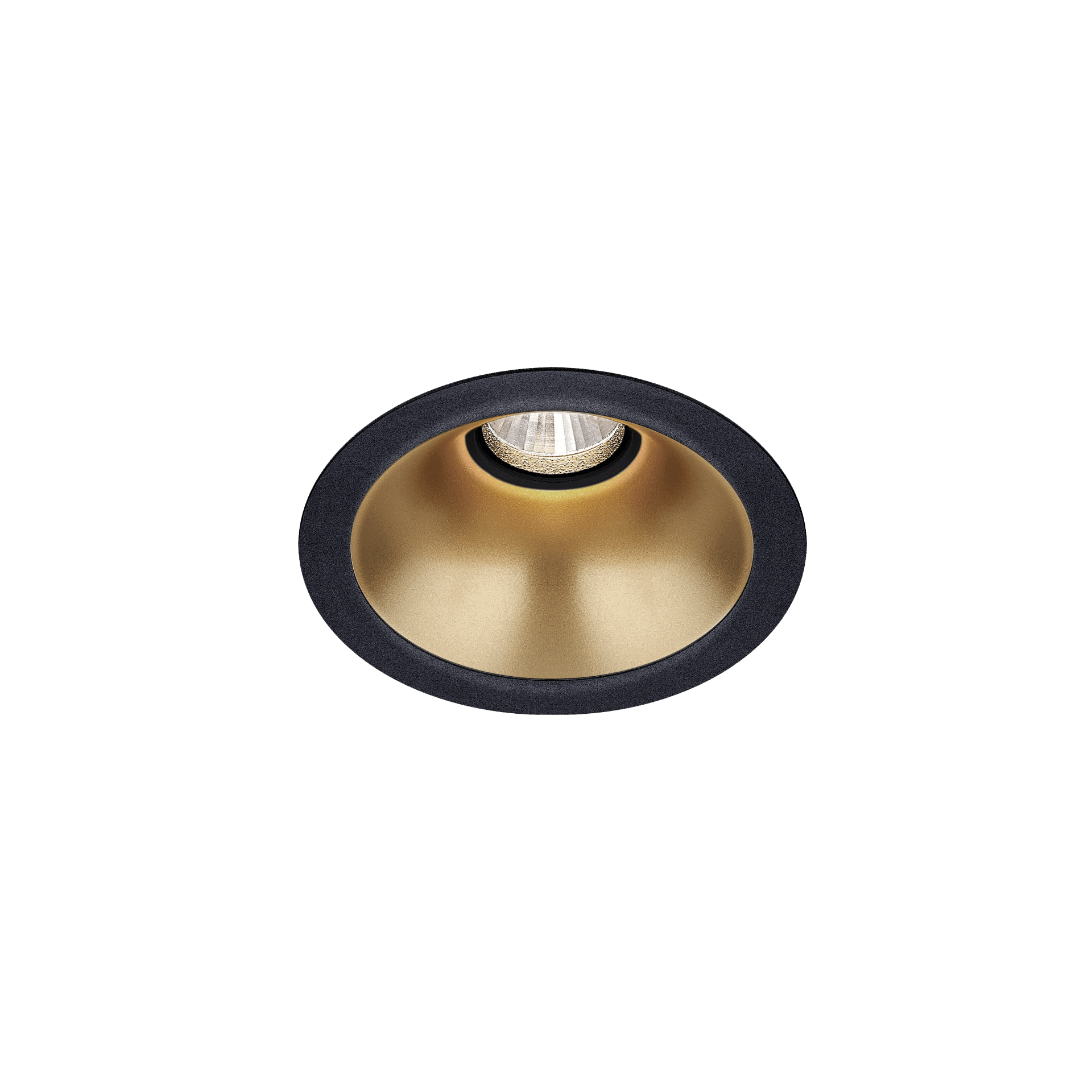 Black version of the Dea Amata S with golden reflector, a fixed recessed luminaire designed by Karizma Luce.
