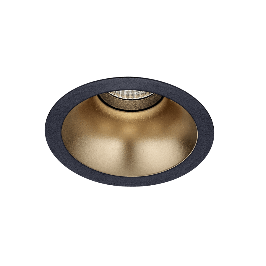 Black version of the Dea Amata XM with golden reflector, a fixed recessed luminaire designed by Karizma Luce.