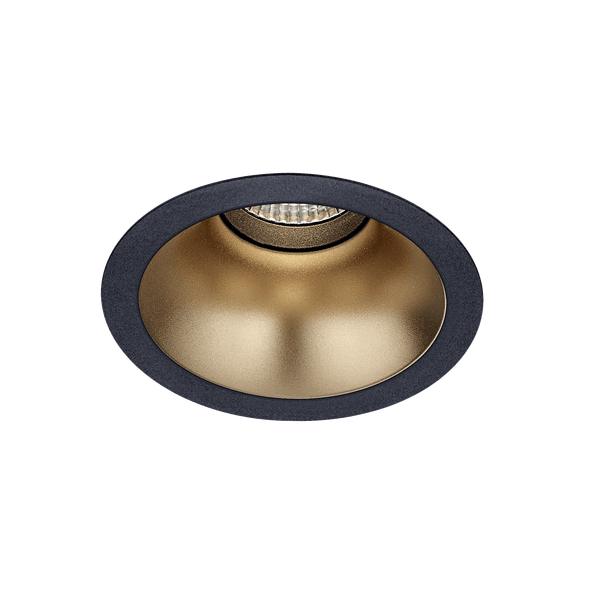 Black version of the Dea Amata XM with golden reflector, a fixed recessed luminaire designed by Karizma Luce.
