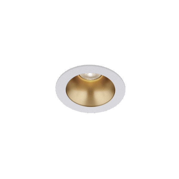 White version of the Dea Amata XS with golden reflector, a fixed recessed luminaire designed by Karizma Luce.