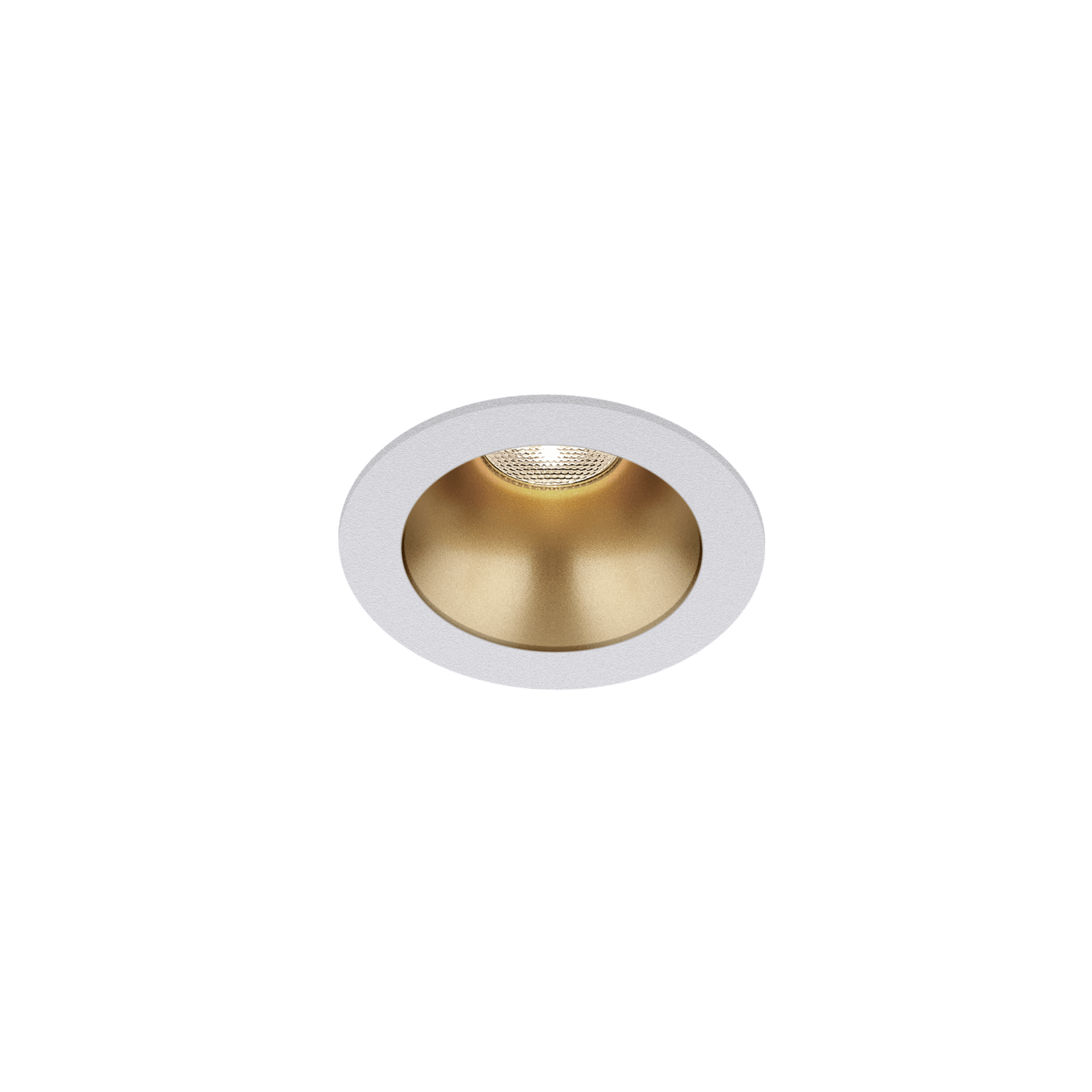 White version of the Dea Amata XS with golden reflector, a fixed recessed luminaire designed by Karizma Luce.