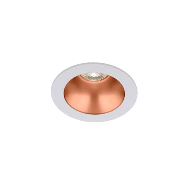 White version of the Dea Amata XS with copper reflector, a fixed recessed luminaire designed by Karizma Luce.