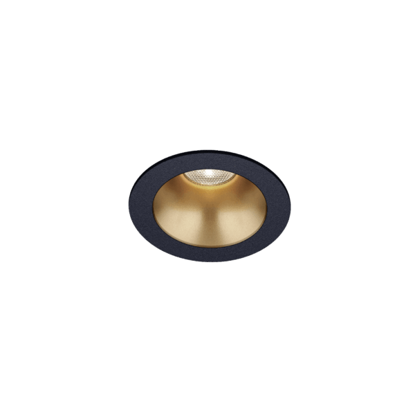 Black version of the Dea Amata XS with golden reflector, a fixed recessed luminaire designed by Karizma Luce.