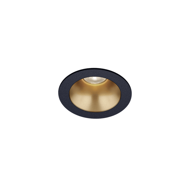 Black version of the Dea Amata XS with golden reflector, a fixed recessed luminaire designed by Karizma Luce.