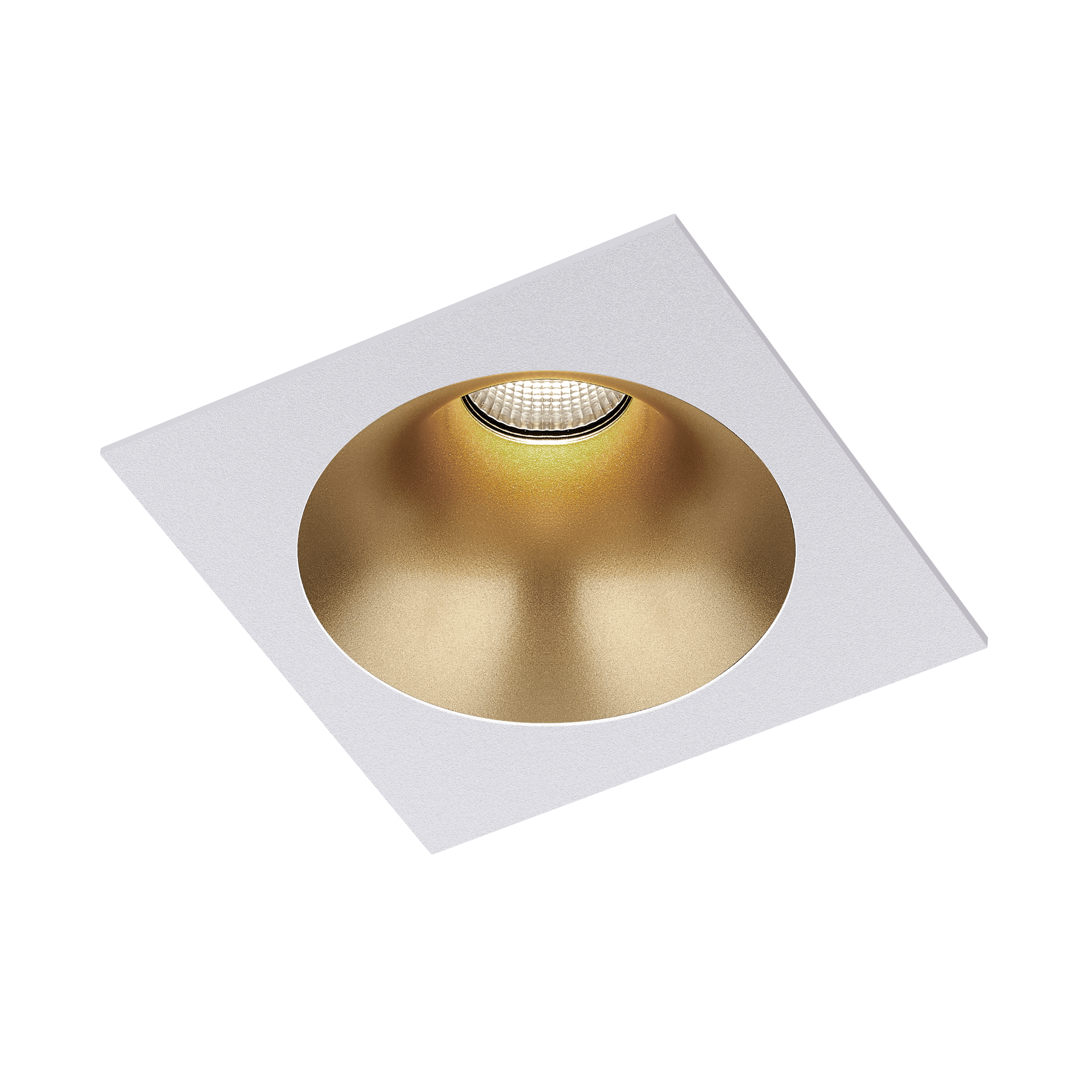 White version of the Dea Amor M with golden reflector, a square recessed luminaire designed by Karizma Luce.