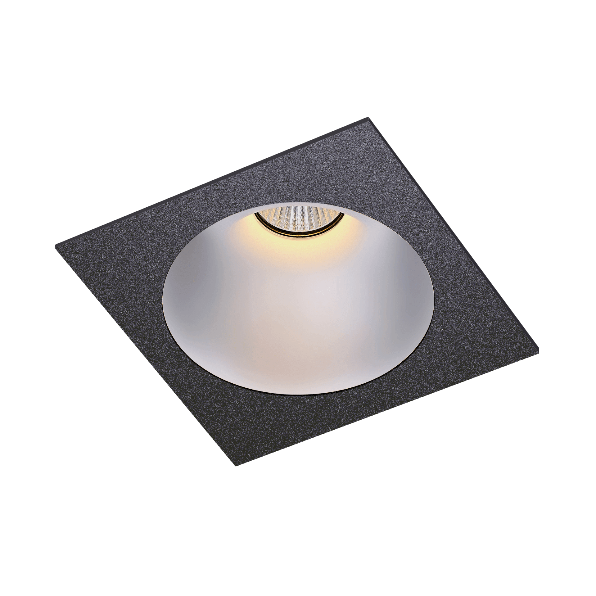 Black version of the Dea Amor M with chrome reflector, a square recessed luminaire designed by Karizma Luce.