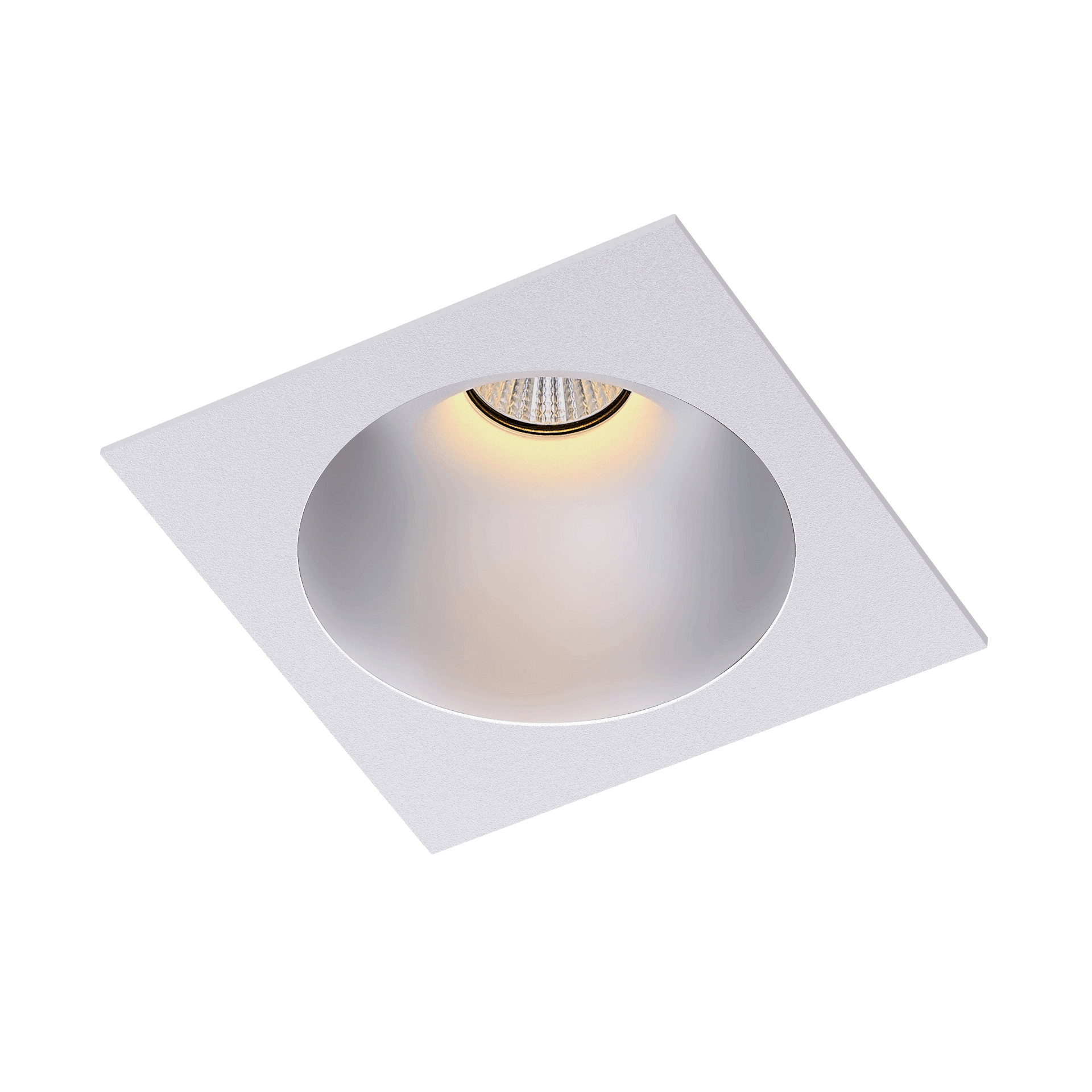 White version of the Dea Amor M with chrome reflector, a square recessed luminaire designed by Karizma Luce.