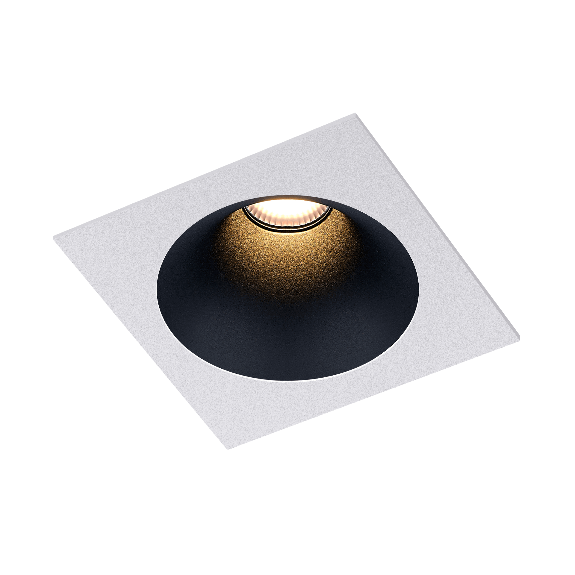 White version of the Dea Amor M with black matt reflector, a square recessed luminaire designed by Karizma Luce.