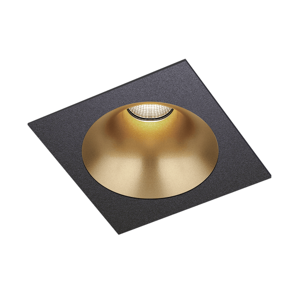 Black version of the Dea Amor M with golden reflector, a square recessed luminaire designed by Karizma Luce.