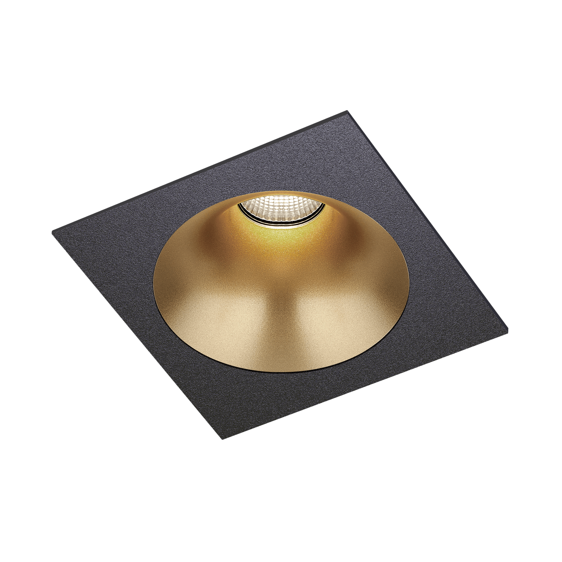 Black version of the Dea Amor M with golden reflector, a square recessed luminaire designed by Karizma Luce.