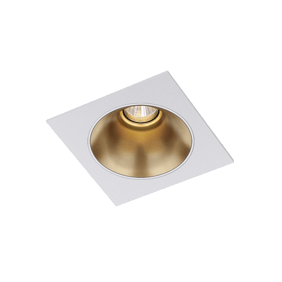 White version of the Dea Amor S with golden reflector, a square recessed luminaire designed by Karizma Luce.