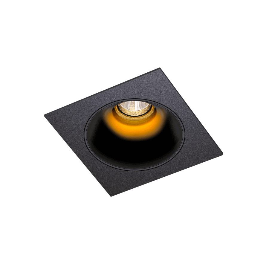 Black version of the Dea Amor S with black gloss reflector, a square recessed luminaire designed by Karizma Luce.