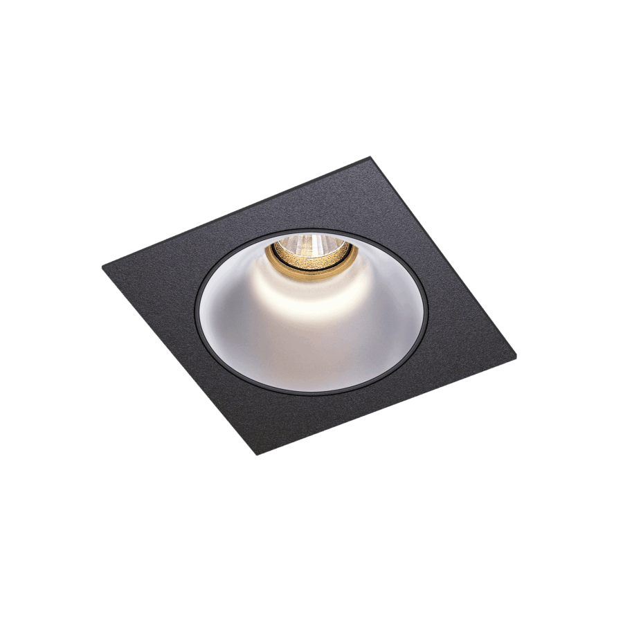 Black version of the Dea Amor S with chrome reflector, a square recessed luminaire designed by Karizma Luce.