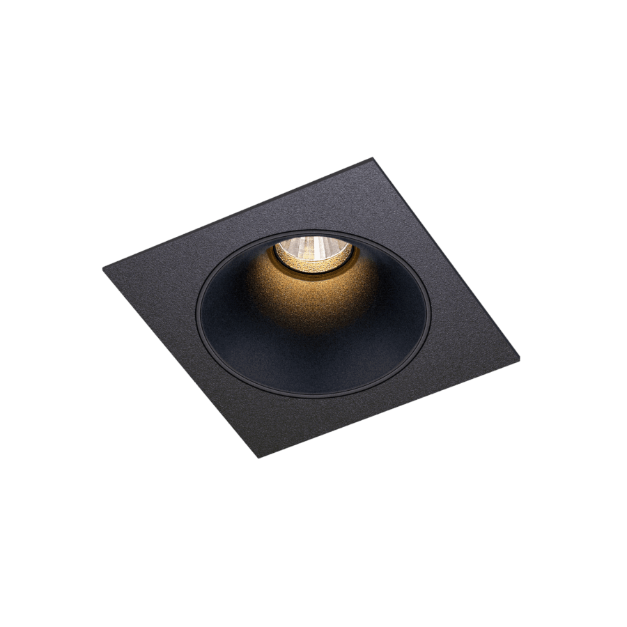 Black version of the Dea Amor S with black matt reflector, a square recessed luminaire designed by Karizma Luce.