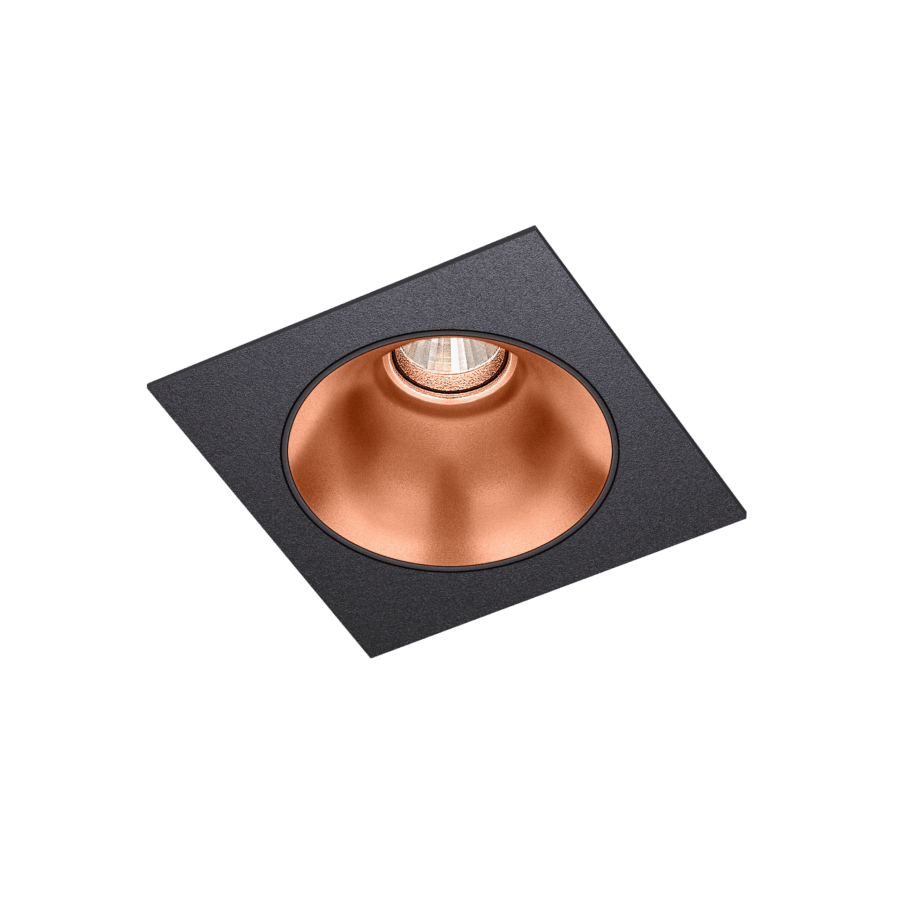 Black version of the Dea Amor S with copper reflector, a square recessed luminaire designed by Karizma Luce.