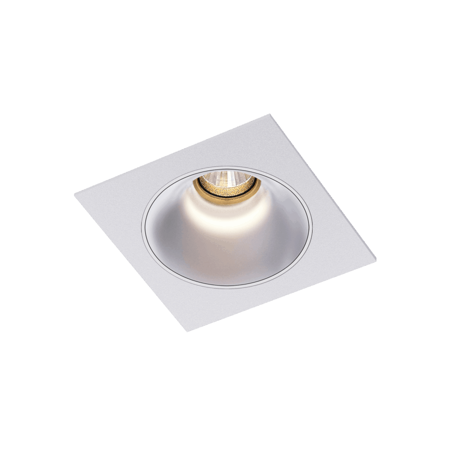 White version of the Dea Amor S with chrome reflector, a square recessed luminaire designed by Karizma Luce.