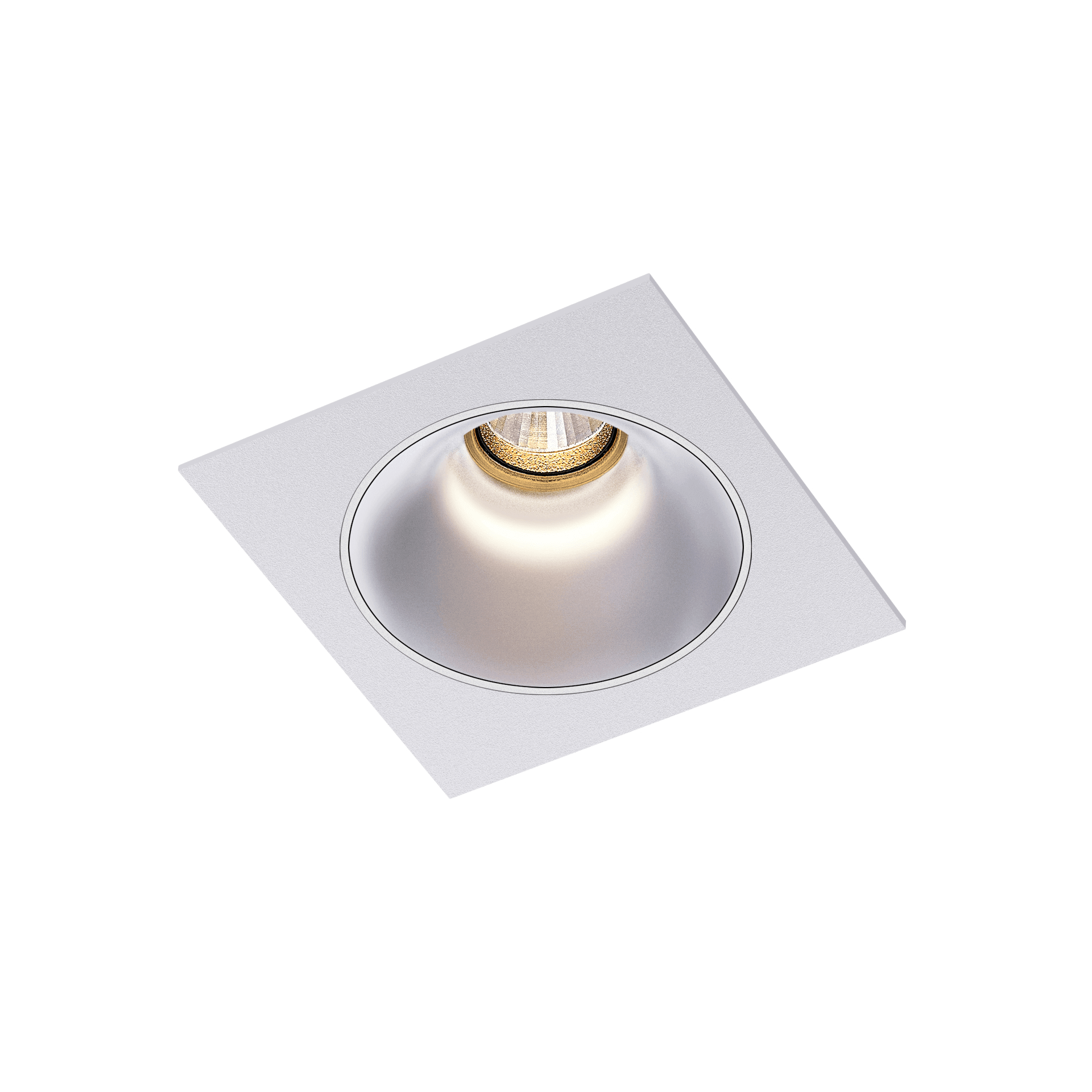 White version of the Dea Amor S with chrome reflector, a square recessed luminaire designed by Karizma Luce.
