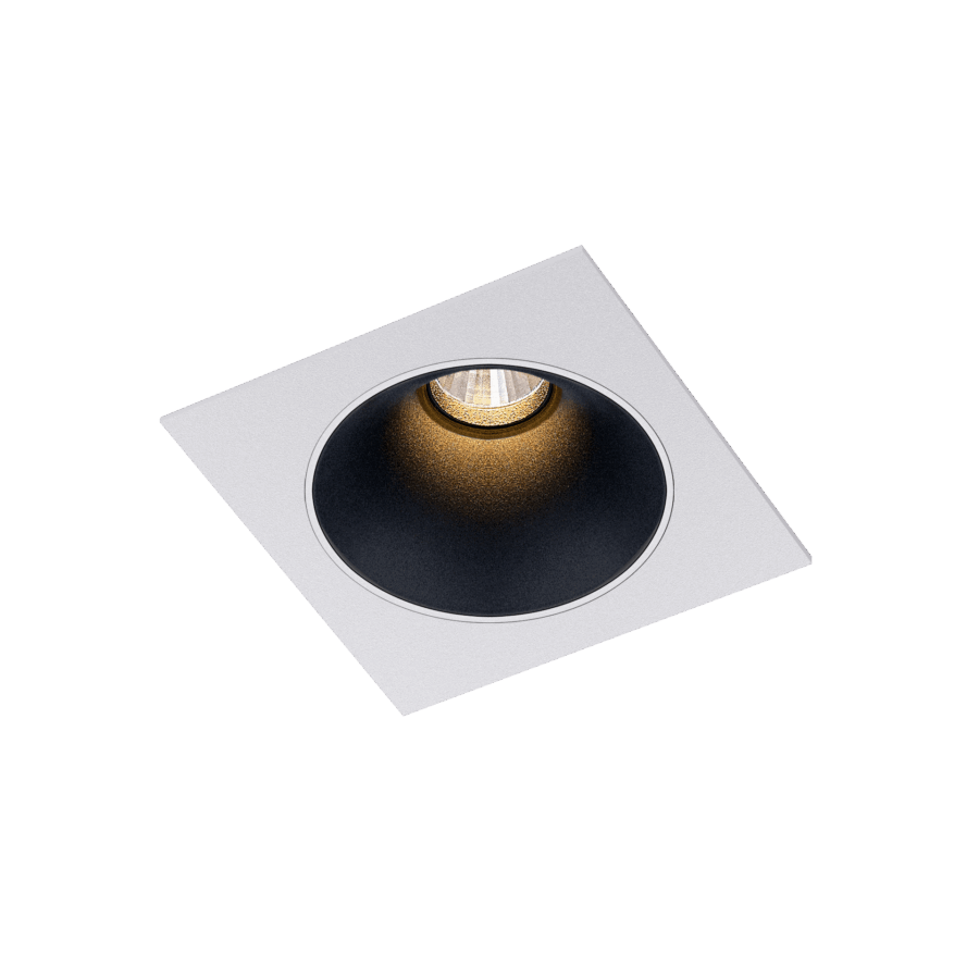 White version of the Dea Amor S with black matt reflector, a square recessed luminaire designed by Karizma Luce.