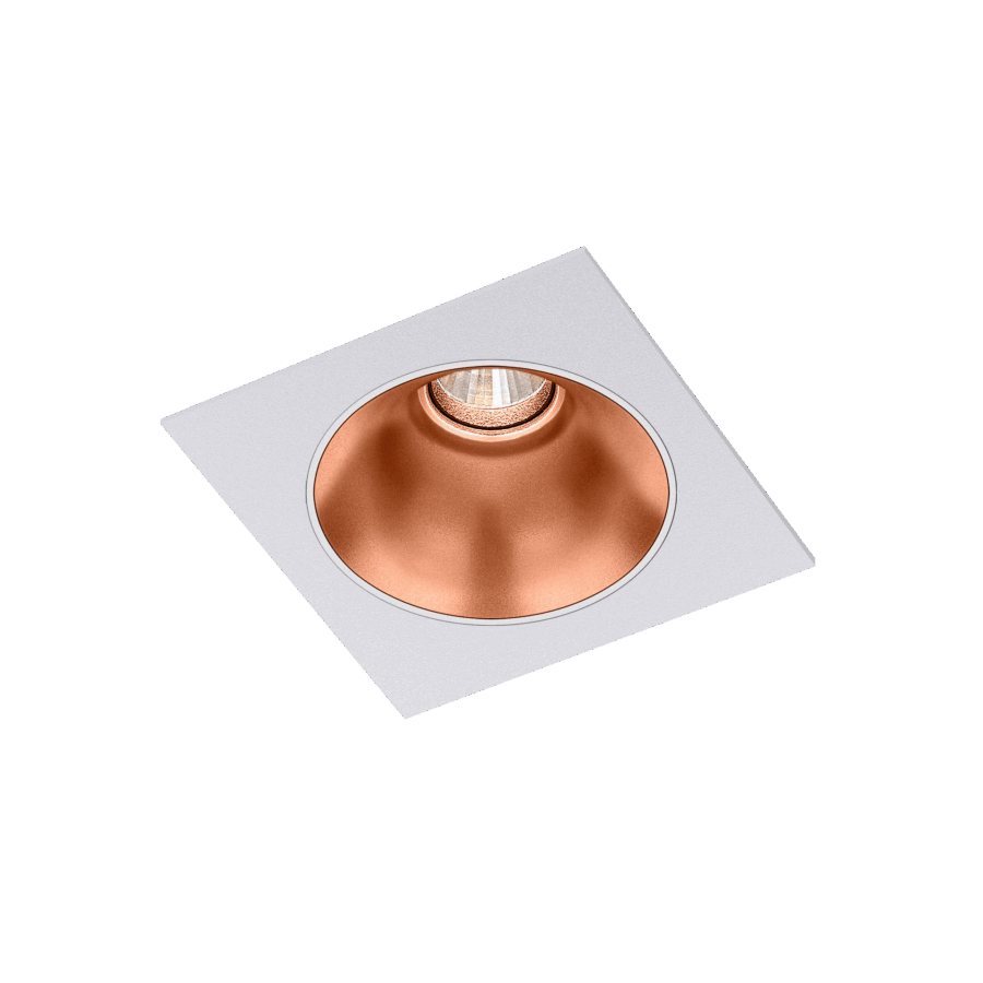 White version of the Dea Amor S with copper reflector, a square recessed luminaire designed by Karizma Luce.