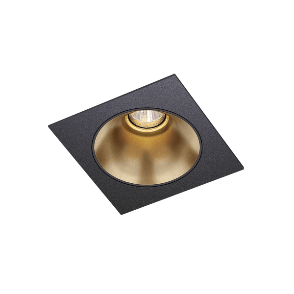 Black version of the Dea Amor S with golden reflector, a square recessed luminaire designed by Karizma Luce.