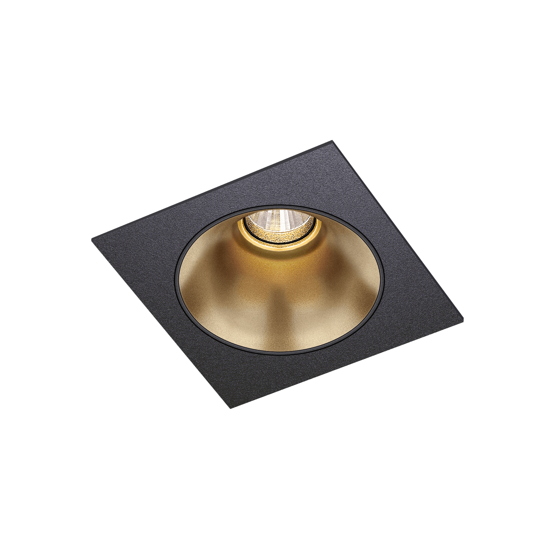 Black version of the Dea Amor S with golden reflector, a square recessed luminaire designed by Karizma Luce.