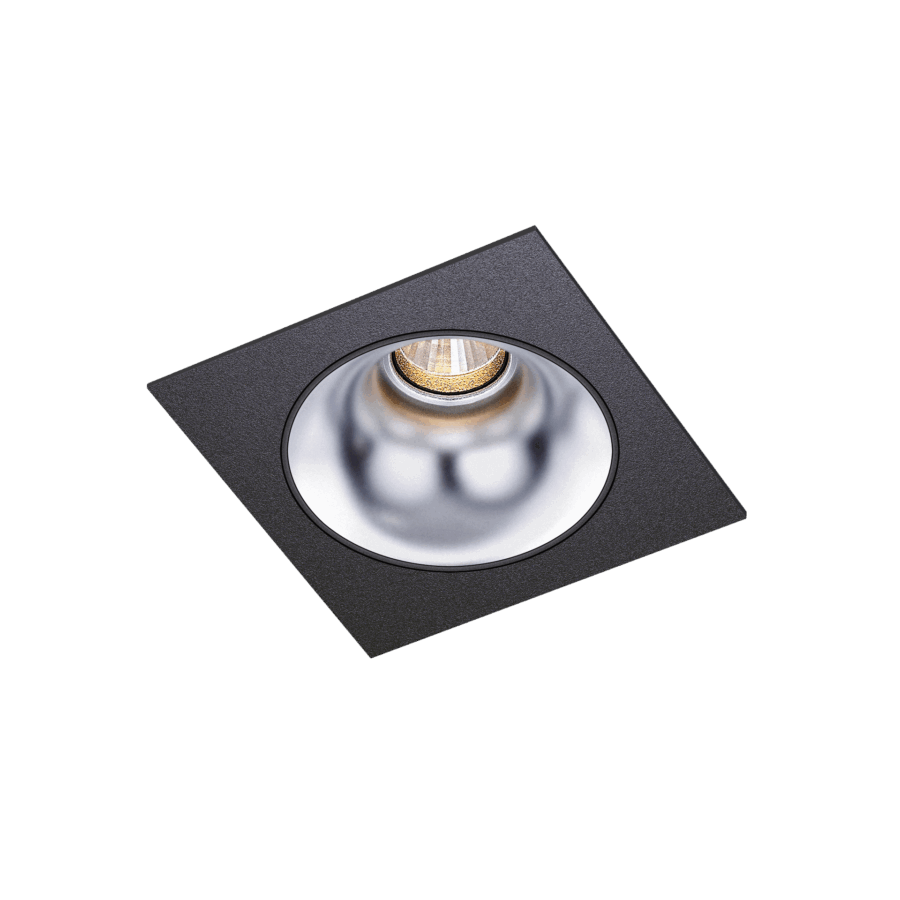 Black version of the Dea Amor S with silver reflector, a square recessed luminaire designed by Karizma Luce.