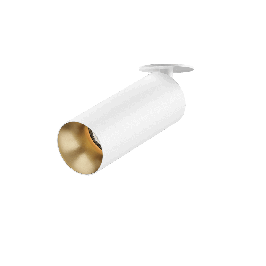 White version of the Dea Cura XS with golden reflector, an adjustable recessed spot designed by Karizma Luce.