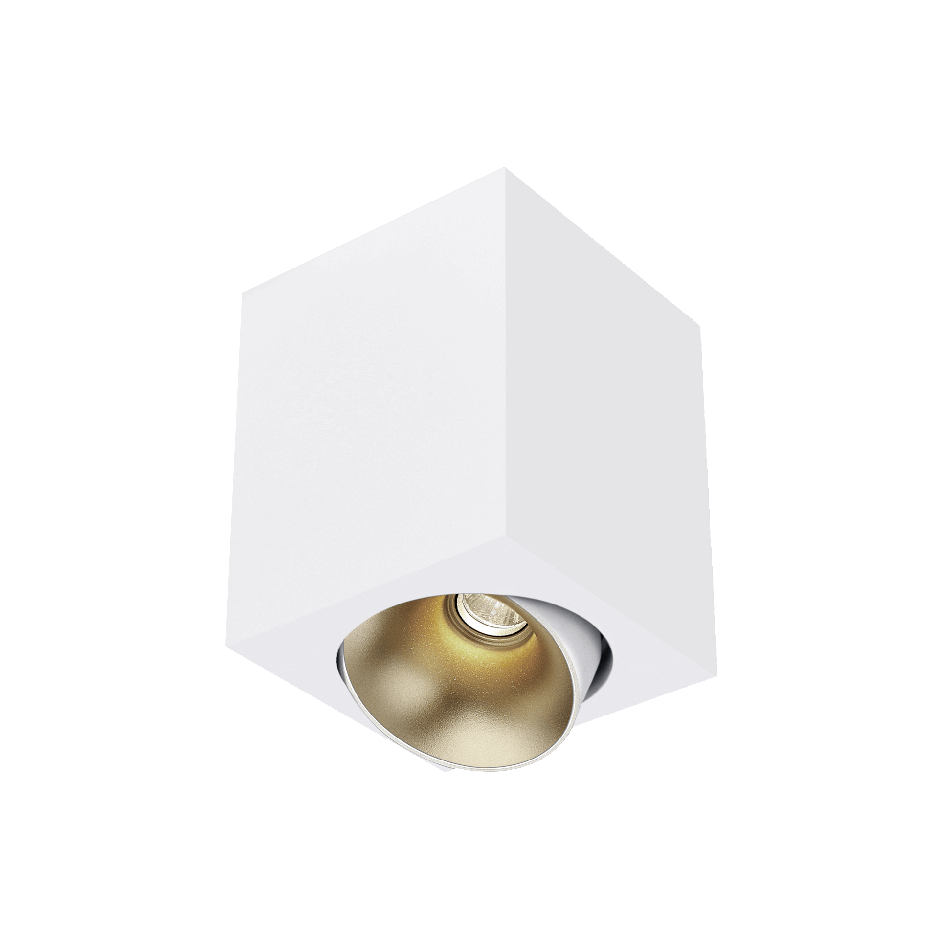 White version of the Dea Fauna M with golden reflector, a square surface-mounted luminaire designed by Karizma Luce.